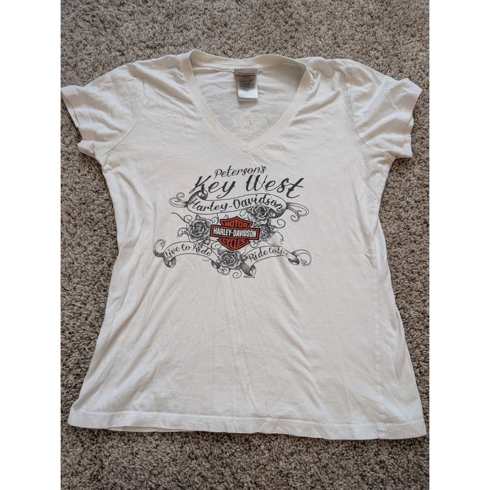 Harley-Davidson Key West Florida Graphic V-Neck T-Shirt White Womens Large 2012
